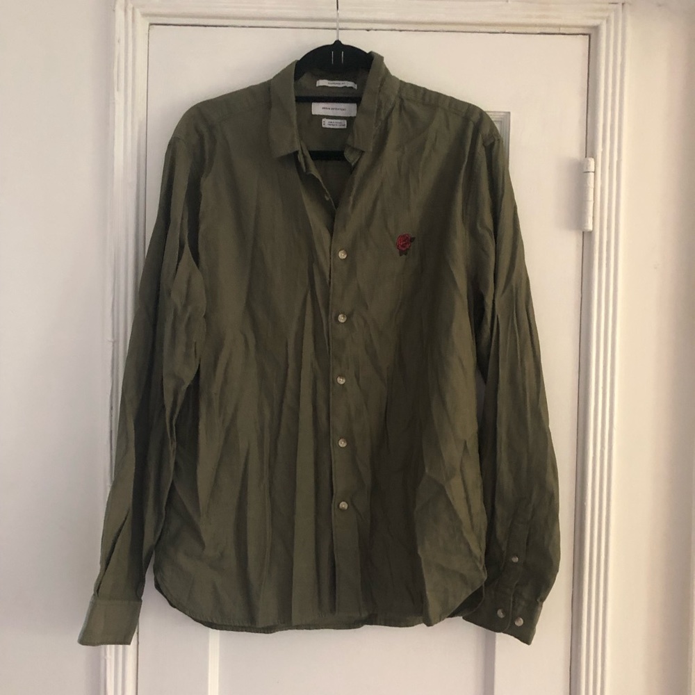 Olive green button up with embroidered rose